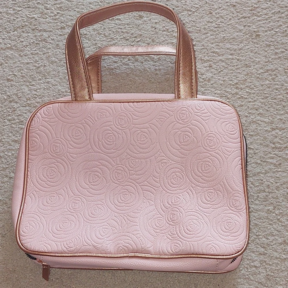 Betsey Johnson Pink Rose Gold Floral Bow Travel Cosmetic Bag